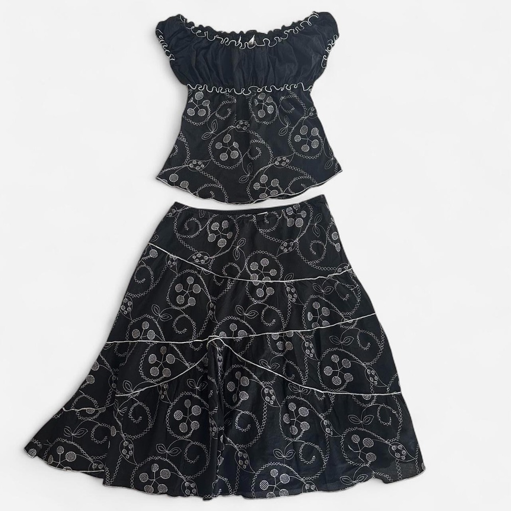 Max Studio Black White Embroidered Cotton 2 Piece Set Peasant Top Tiered Skirt S